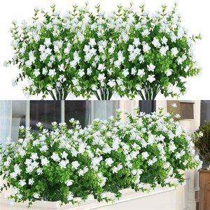 6 Bundles Outdoor Artificial White Flowers UV Resistant Fake Boxwood Plants Faux